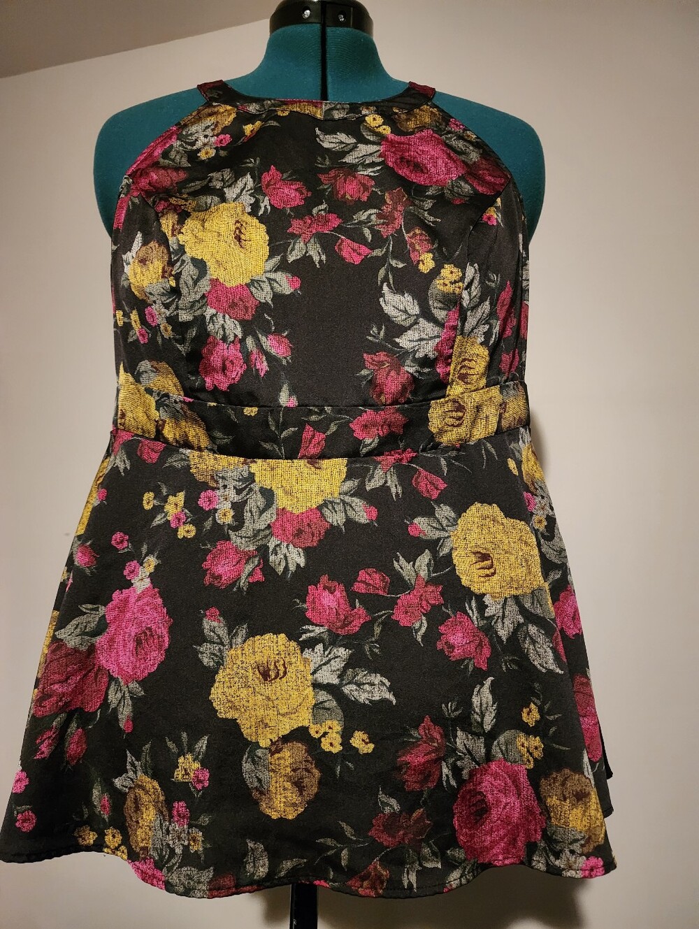 Torrid Black Halter Peplum Top with Pink & Yellow Floral Print